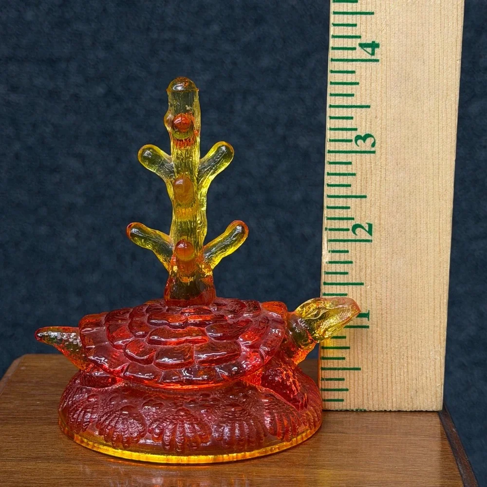 Vintage Fenton Amberina Glass Ring Tree Holder Turtle Shape Red Yellow Cadmium